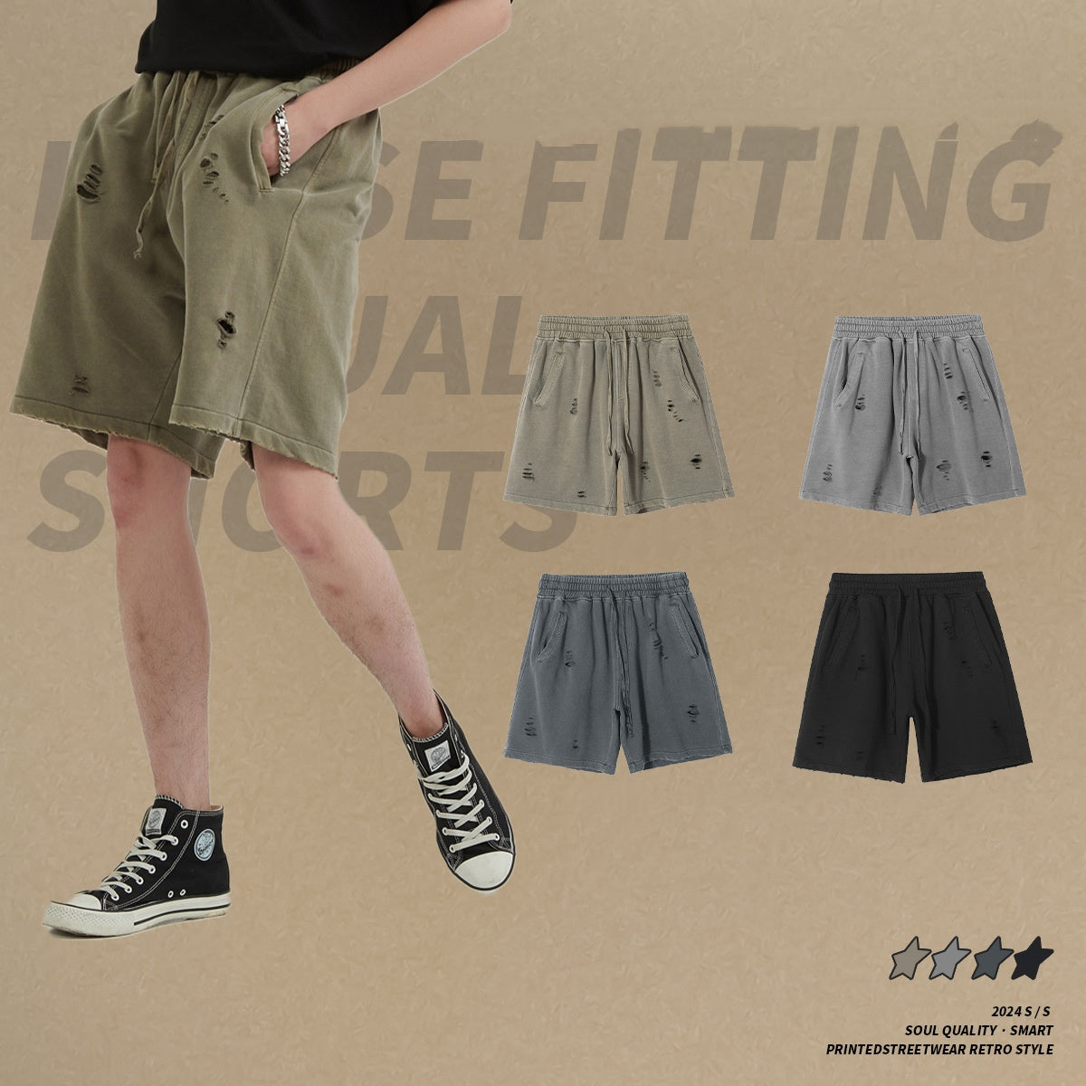 2025 new Europe and the United States high street wind heavy washing do old loose shorts men tide cut retro shorts
