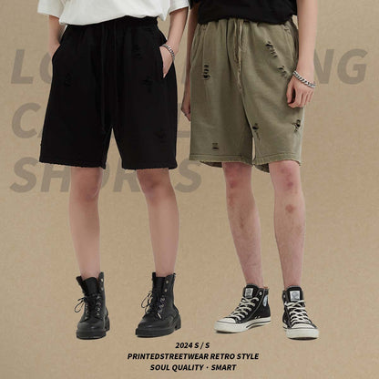 2025 new Europe and the United States high street wind heavy washing do old loose shorts men tide cut retro shorts