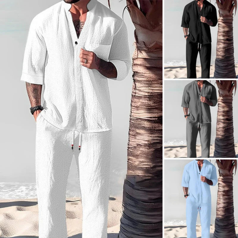 🔥Fashionable men's two-piece set made from cotton linen: top & trousers
