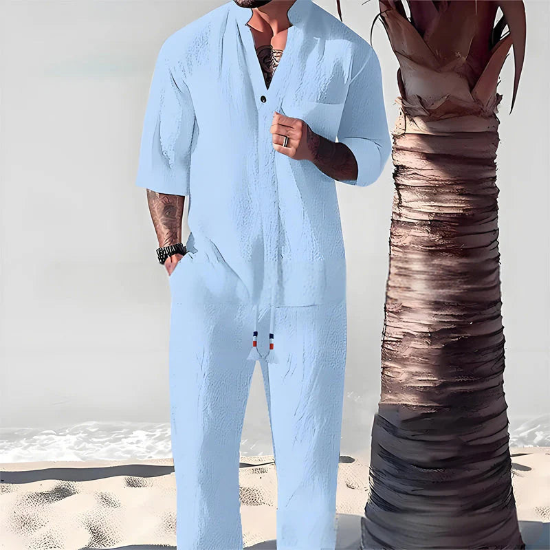 🔥Fashionable men's two-piece set made from cotton linen: top & trousers