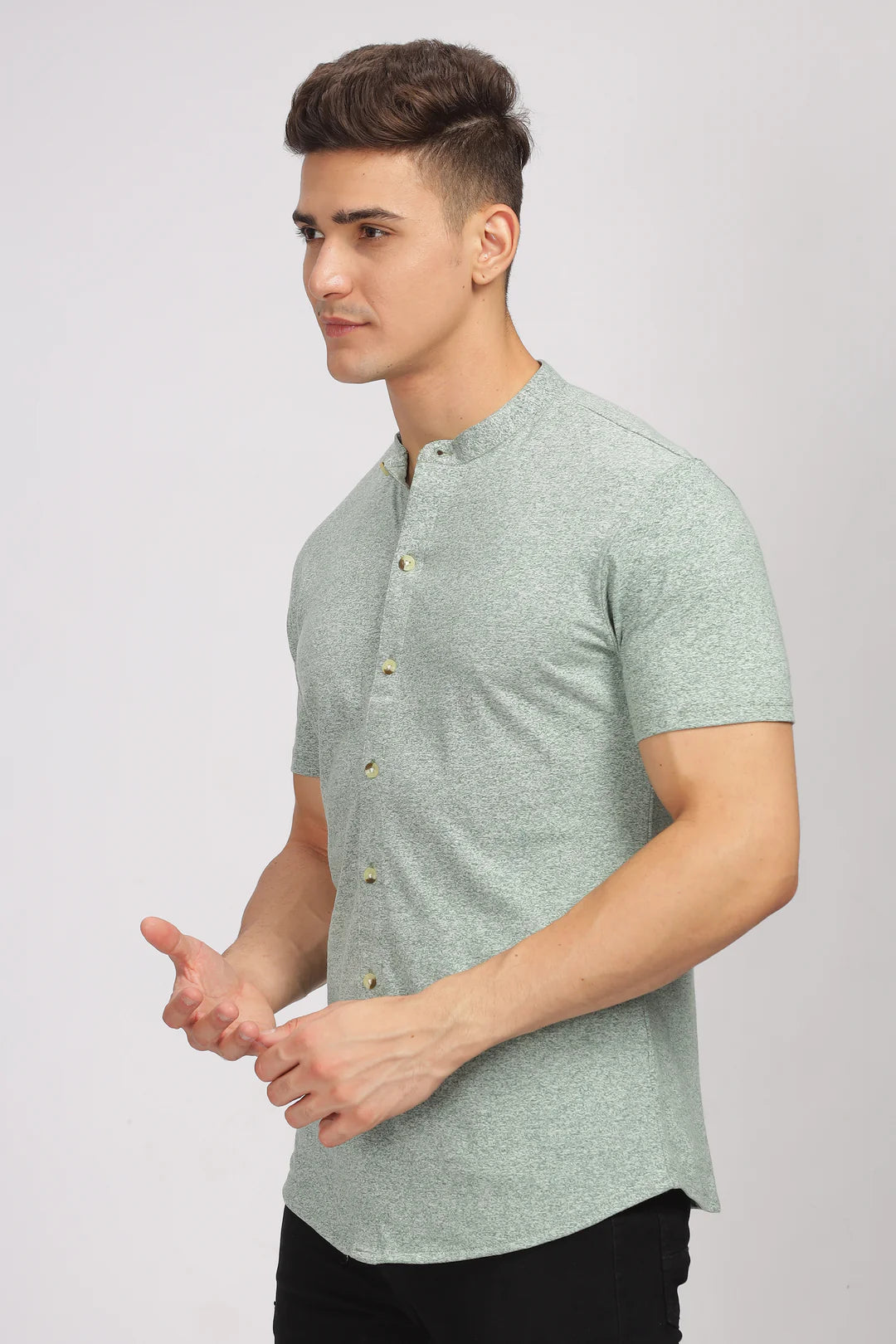 Green Melange Cotton Knit Shirt